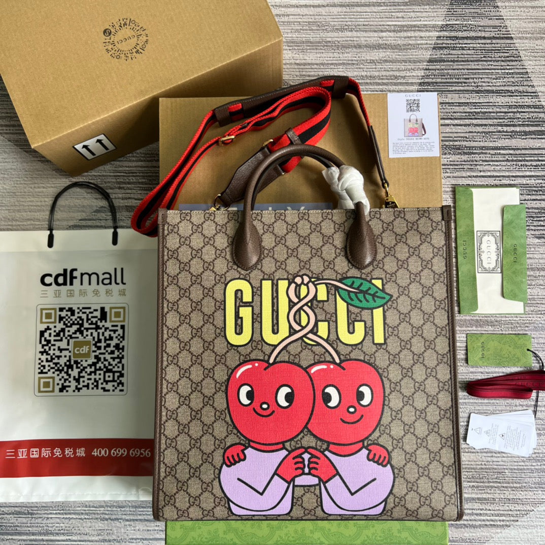 gg Cherry Print Medium Tote Beige For Women, Women’s Bags 15.1in/38cm gg 703264 U2QAG 8839