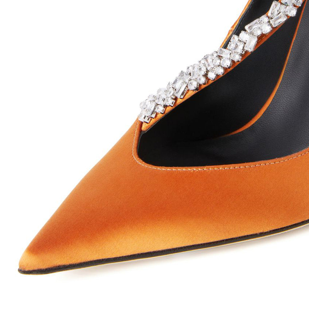 Elegant Satin Pointed Toe Pearl Decorative Heel Pumps Shoes in Orange