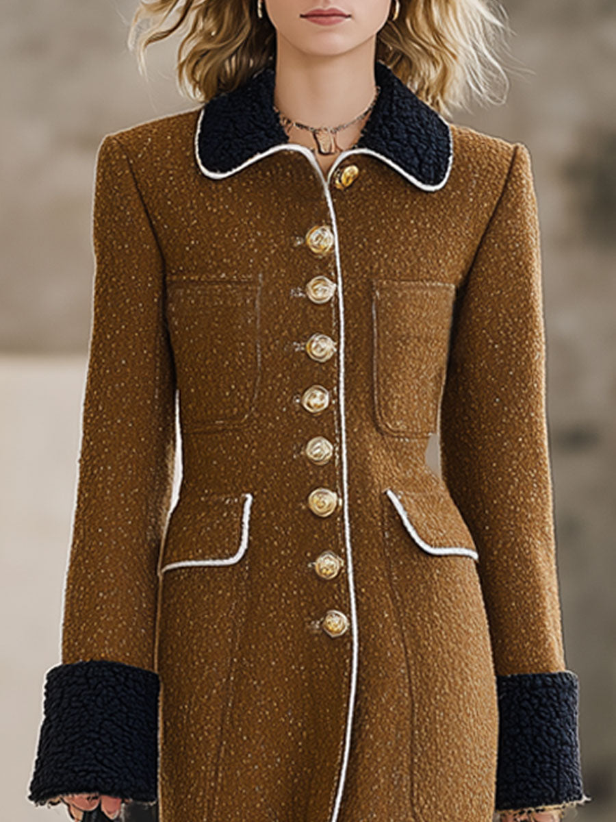 Fashionable Loose Retro Black Polar Fleece Splicing Camel Wool Long Coat