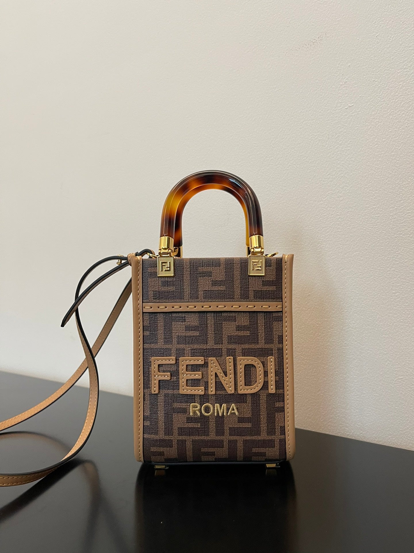FI Sunshine Shopper Brown FF Fabric Brown Mini Bag For Woman 13cm/5in