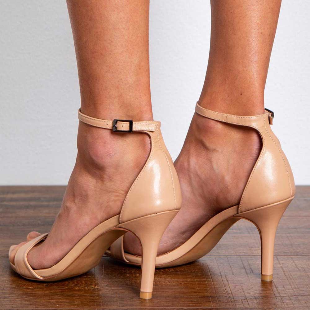 Beige Pointed Toe 3'' Stiletto Heel Buckled Ankle Strap Sandals