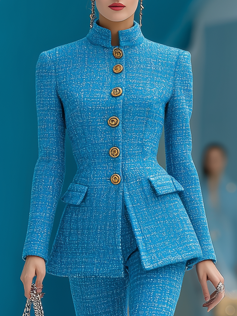 Elegant Stand-collar Tweed Jacket And Flared Pants Set