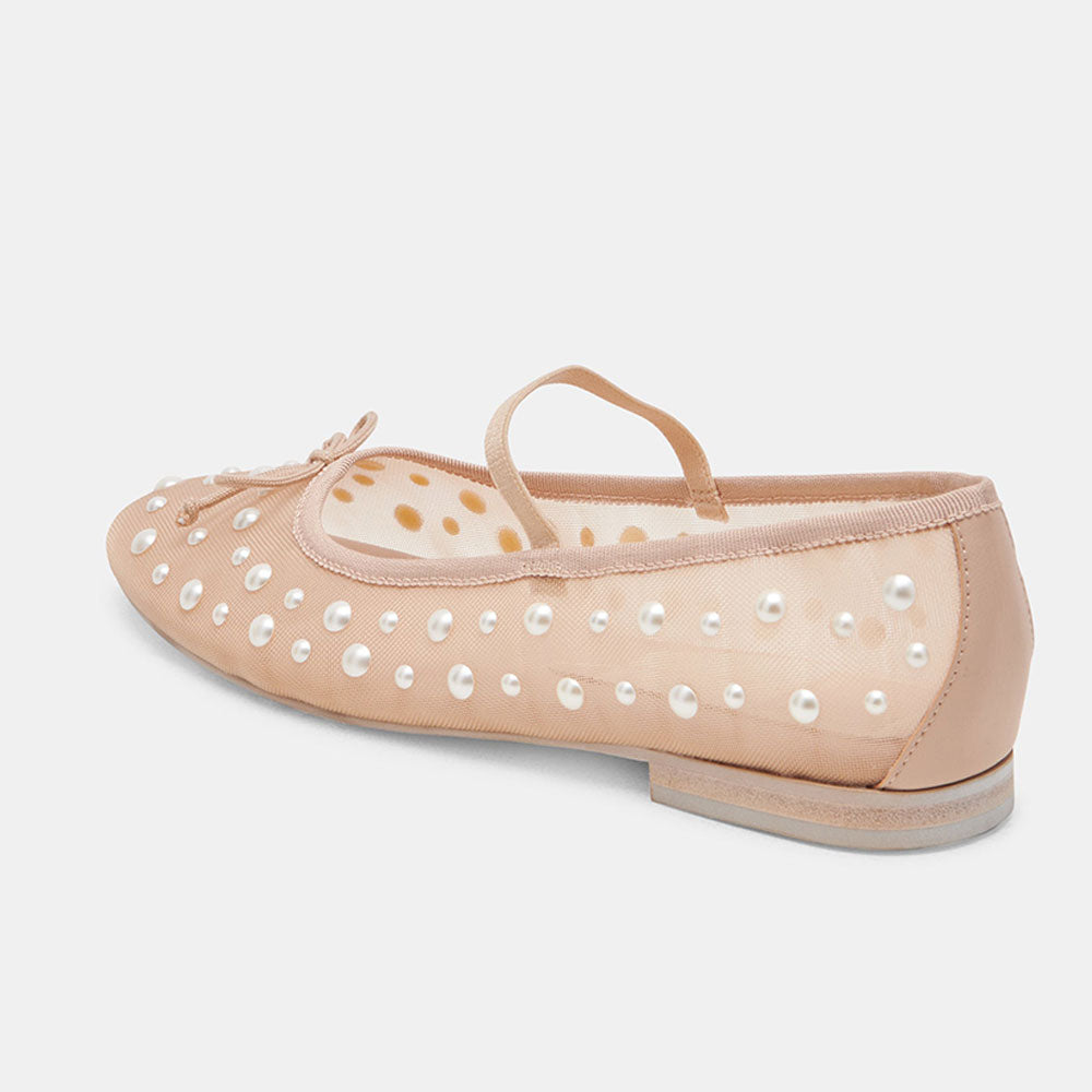 Beige Mesh Round Toe Flat Pearl Sophisticated Embellished Ballet Shoes