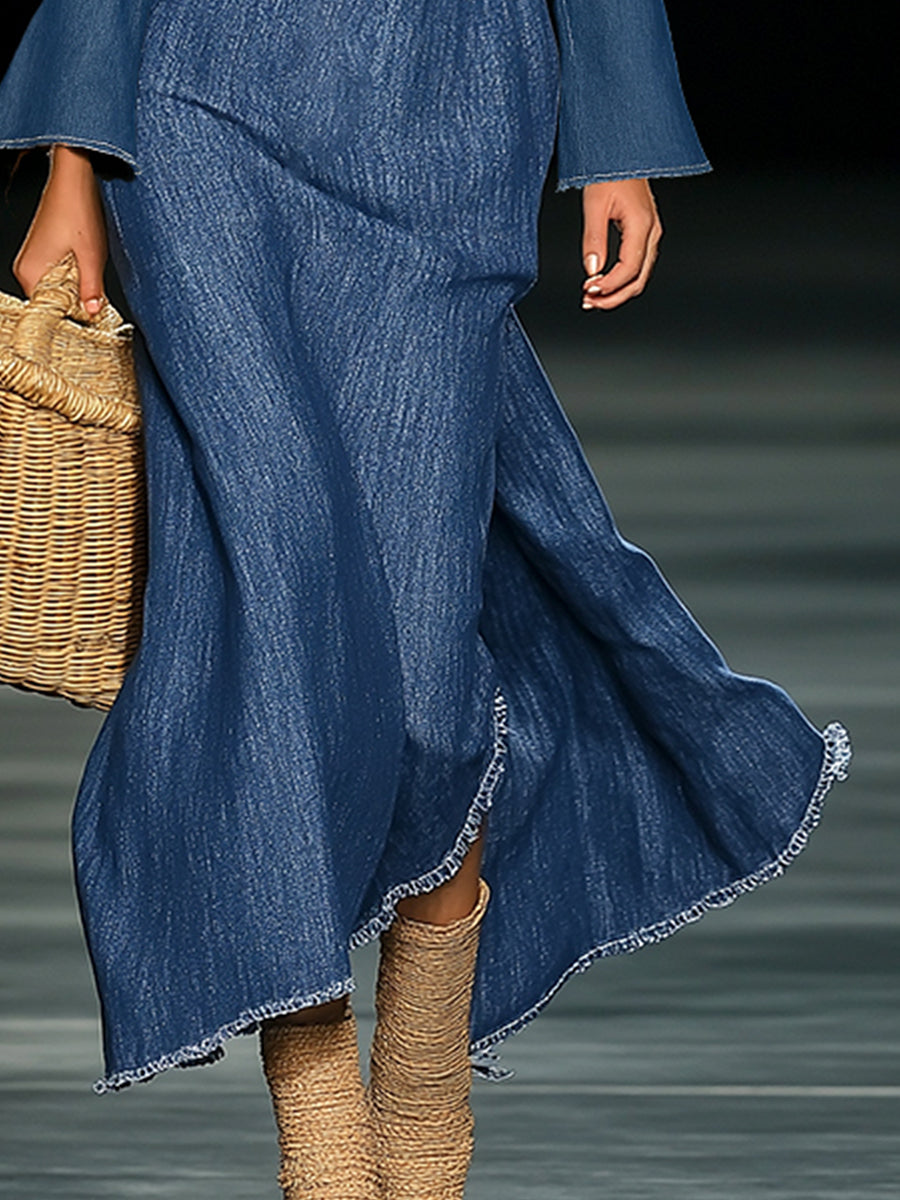 Elegant Slanted Neckline 3D Floral Blue Denim Long-sleeved Maxi Dress