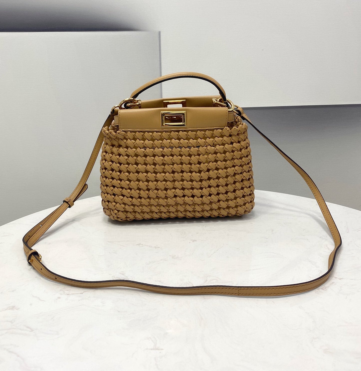 FI Peekaboo Mini Light Brown Braided Bag For Woman 18cm/7in