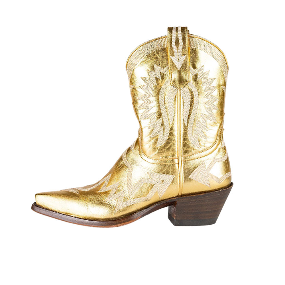 Gold Metallic Snip Toe Embroidered Ankle Length Cowgirl Boots