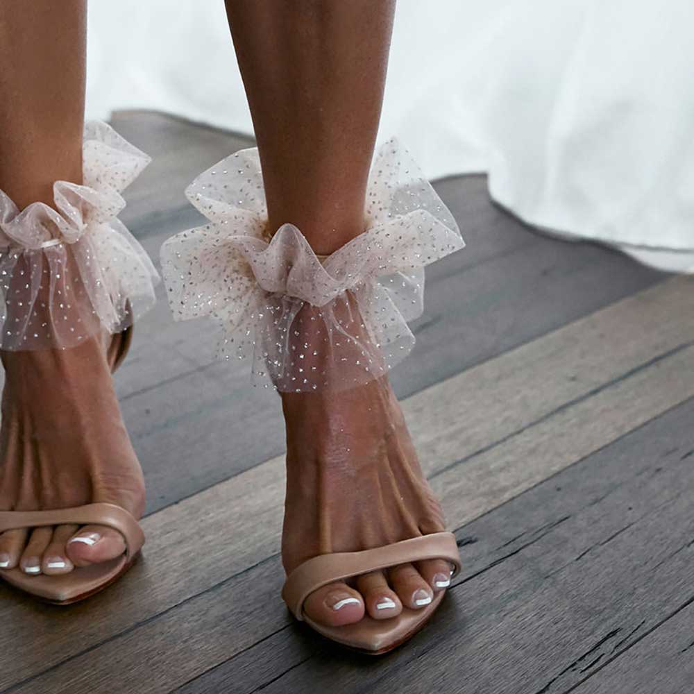Beige Pointed Toe 3'' Stiletto Heel Mesh Flared Ankle Strap Sandals