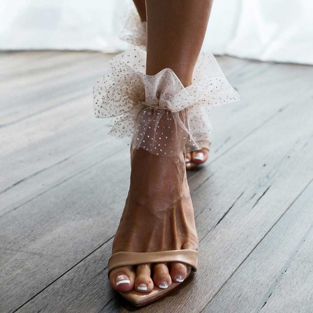 Beige Pointed Toe 3'' Stiletto Heel Mesh Flared Ankle Strap Sandals