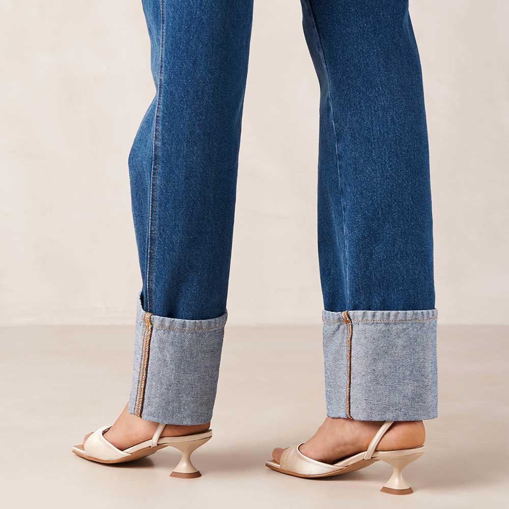 Beige Satin Square Toe Flared Heel Ankle Strap Sandals