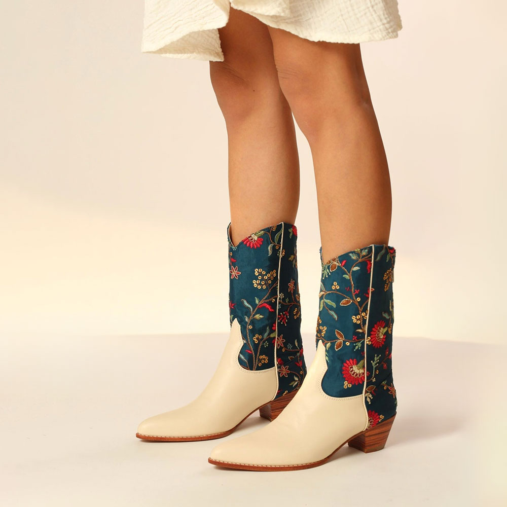 Beige and Teal Embroidered Pointed Toe Back Zipper Flower Cowboy Boots