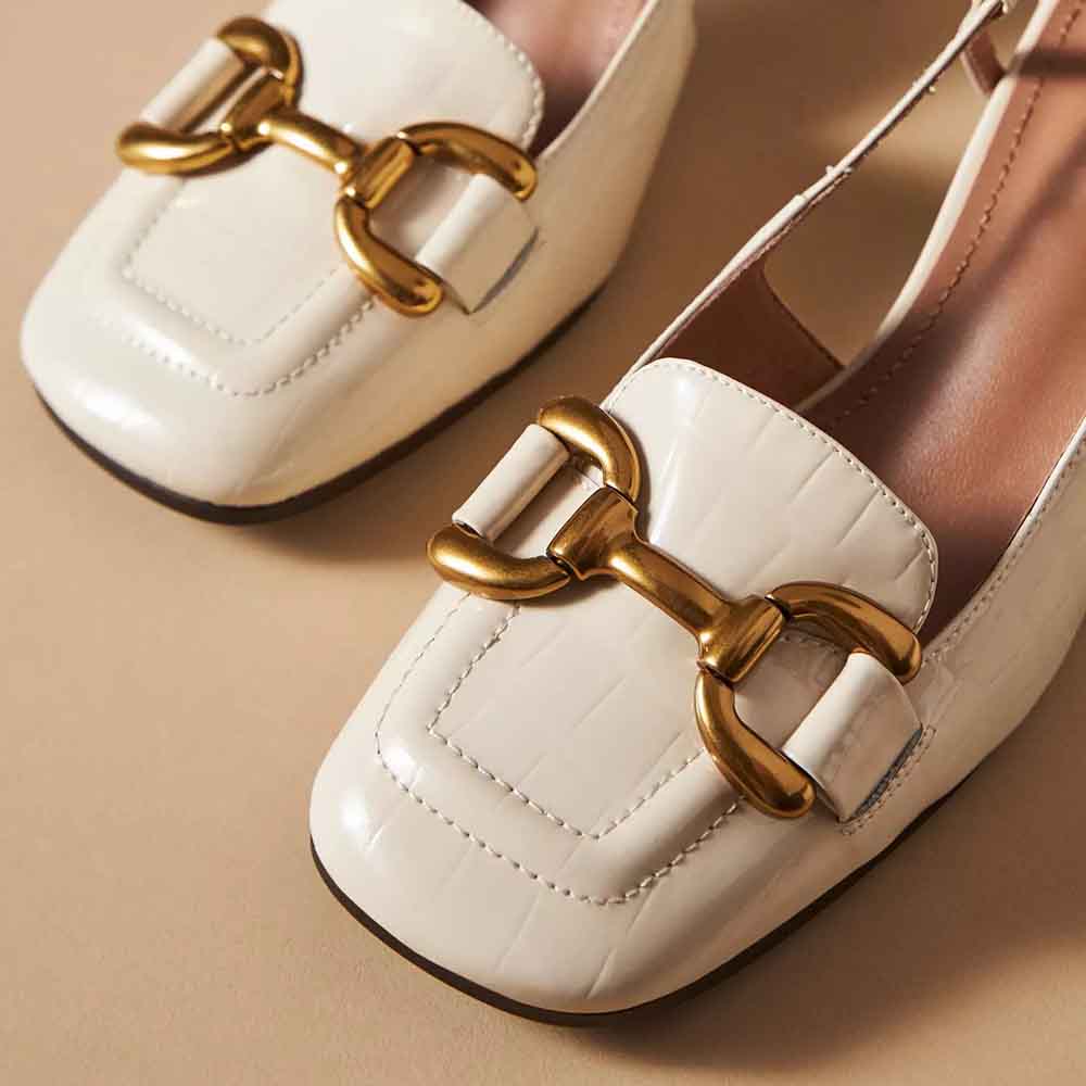 Beige Patent Leather Square Toe Chunky Heel Slingback Pumps