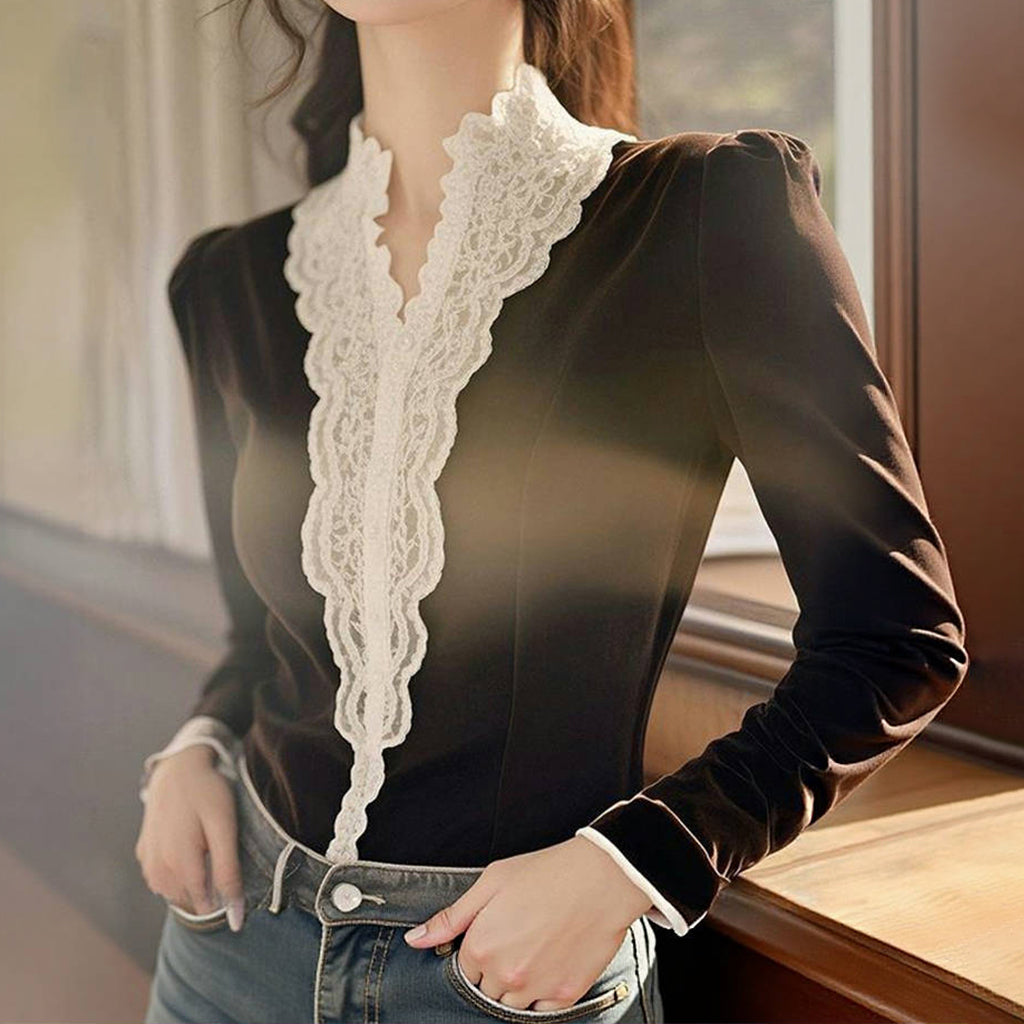 Elegant Velvet Lace Patchwork Stand Collar Button Long Sleeve Blouse