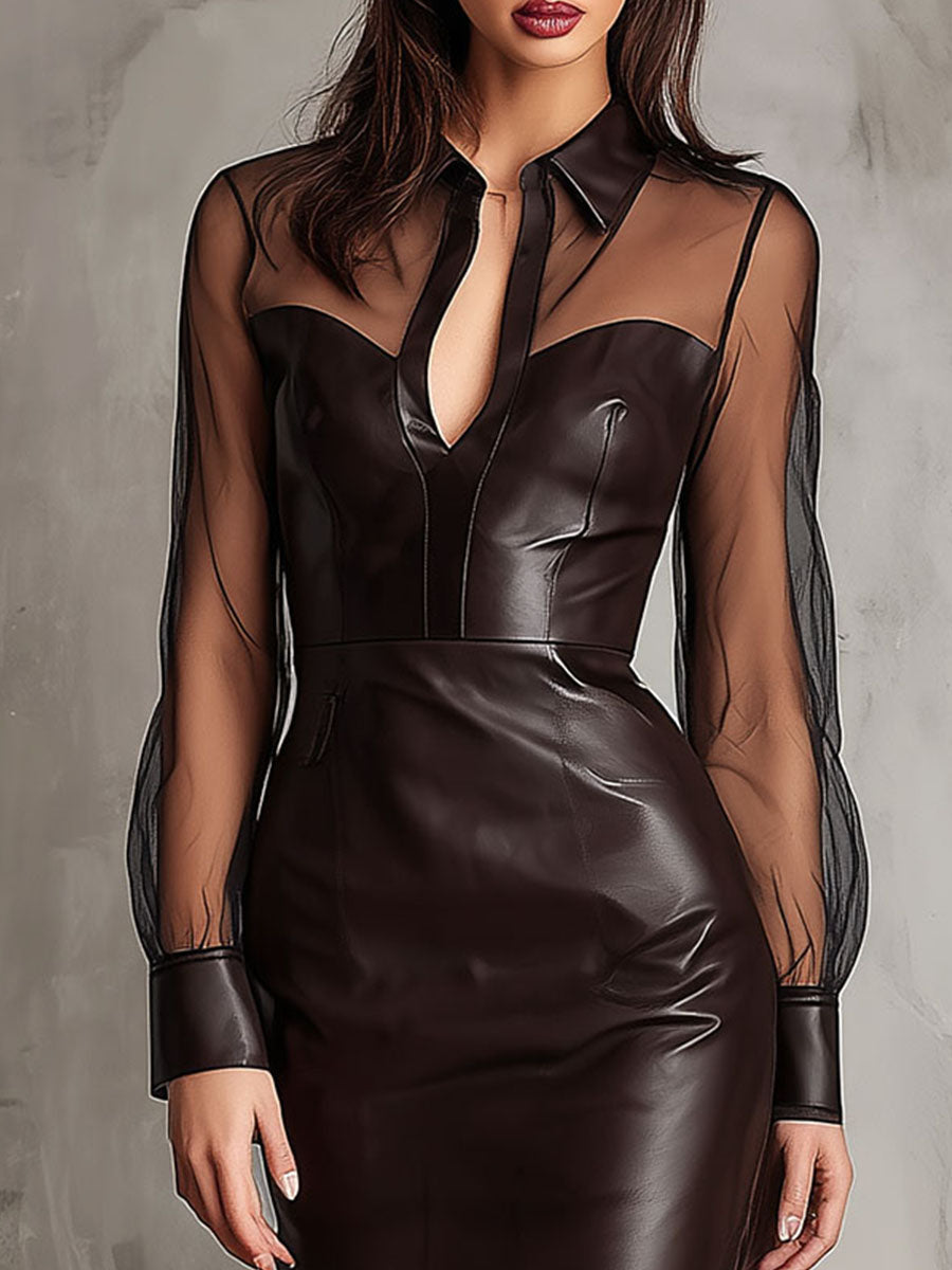 Elegant Sheer Mesh Sleeve Eco Leather Midi Dress