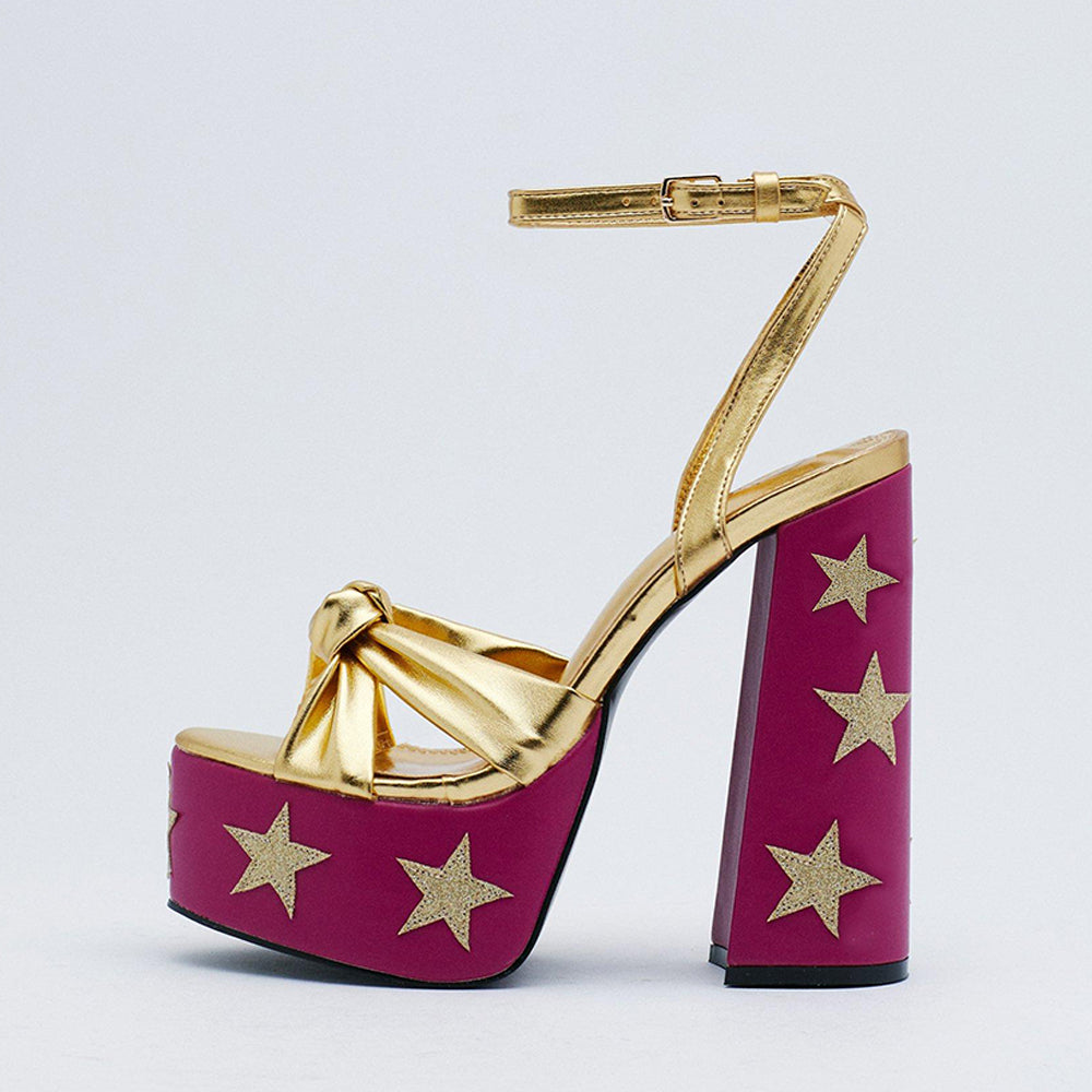 Gold & Pink Opened Toe Knot Design Ankle Strappy Star Platform Sandals With Chunky Heels