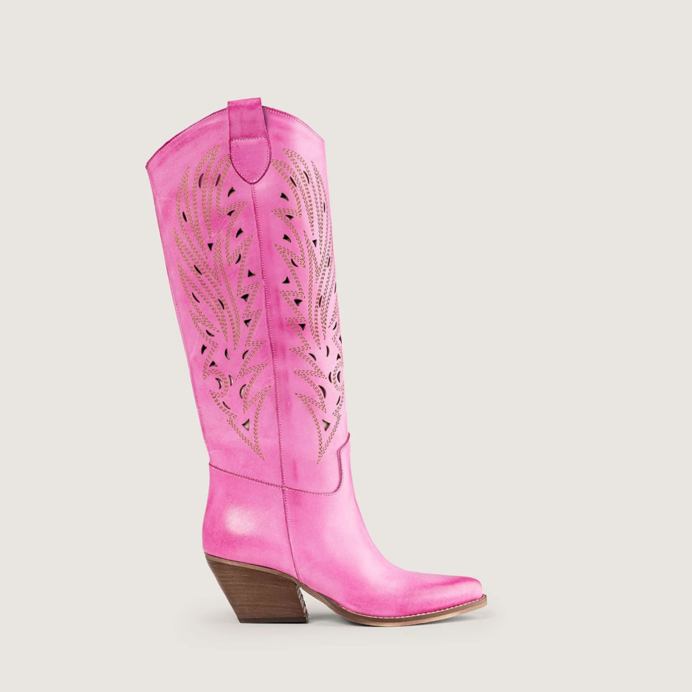 Embroidered Snip Toe Block Heel Cute Fuchsia Knee-High Cowgirl Boots