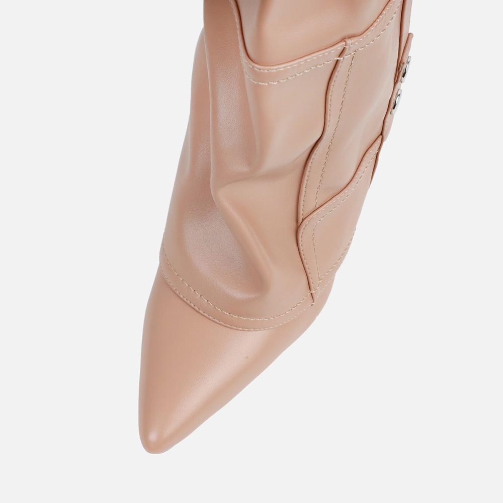 Beige Vegan Leather Pointed Toe 4'' Cork Wedge Heel Fold Over Boots