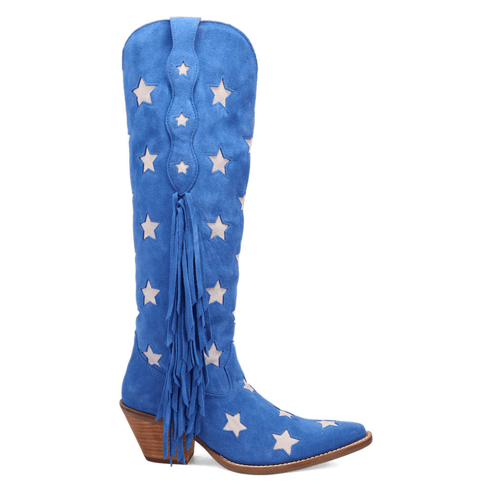 Beige Star Pattern Snip Toe Chunky Heel Knee-High Blue Cowgirl Boots