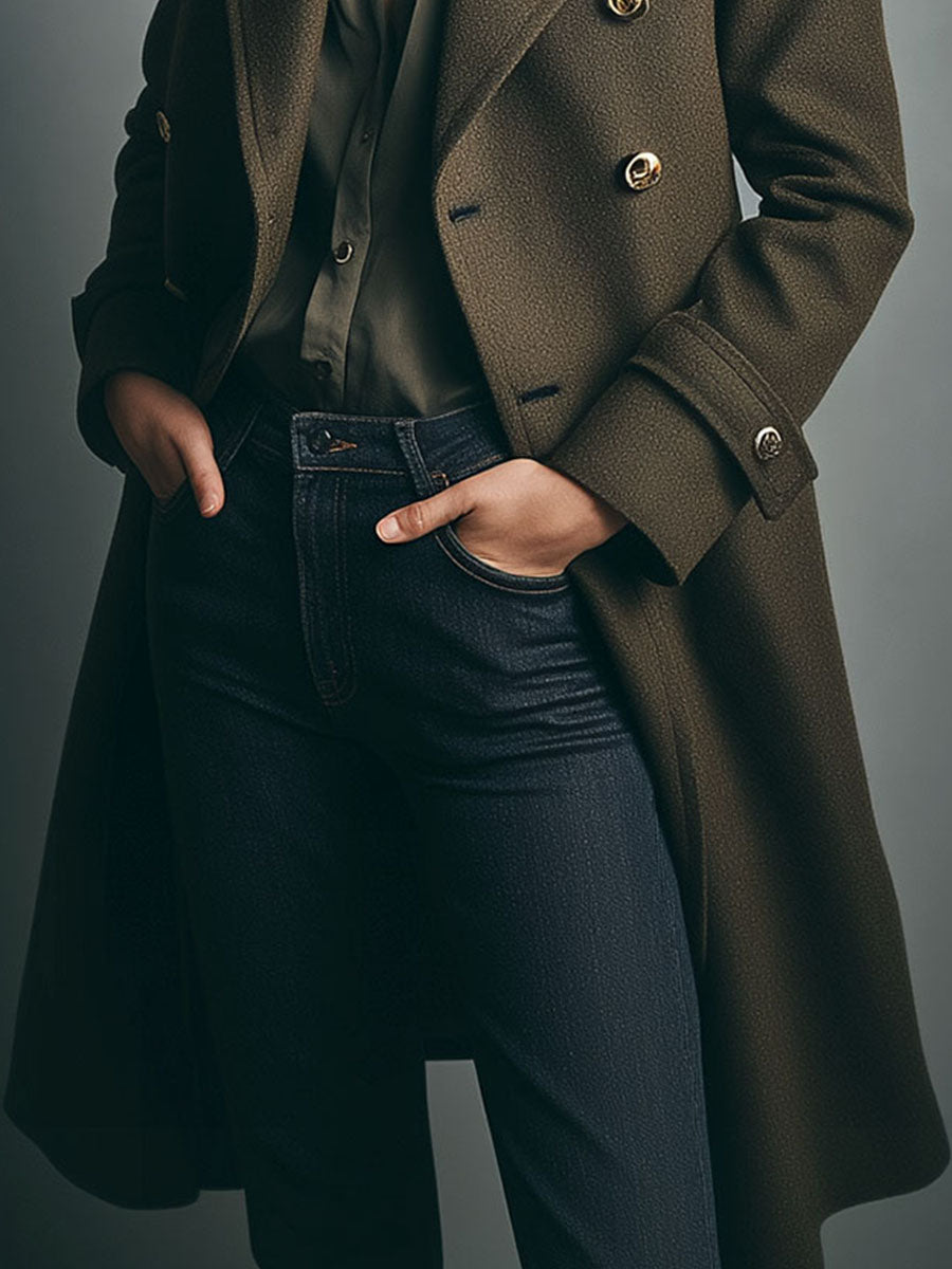 Detachable Fur Collar Double-Breasted Olive Wool Blend Coat