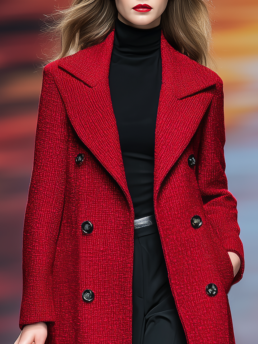 Elegant Vintage Double-breasted Long Tweed Coat