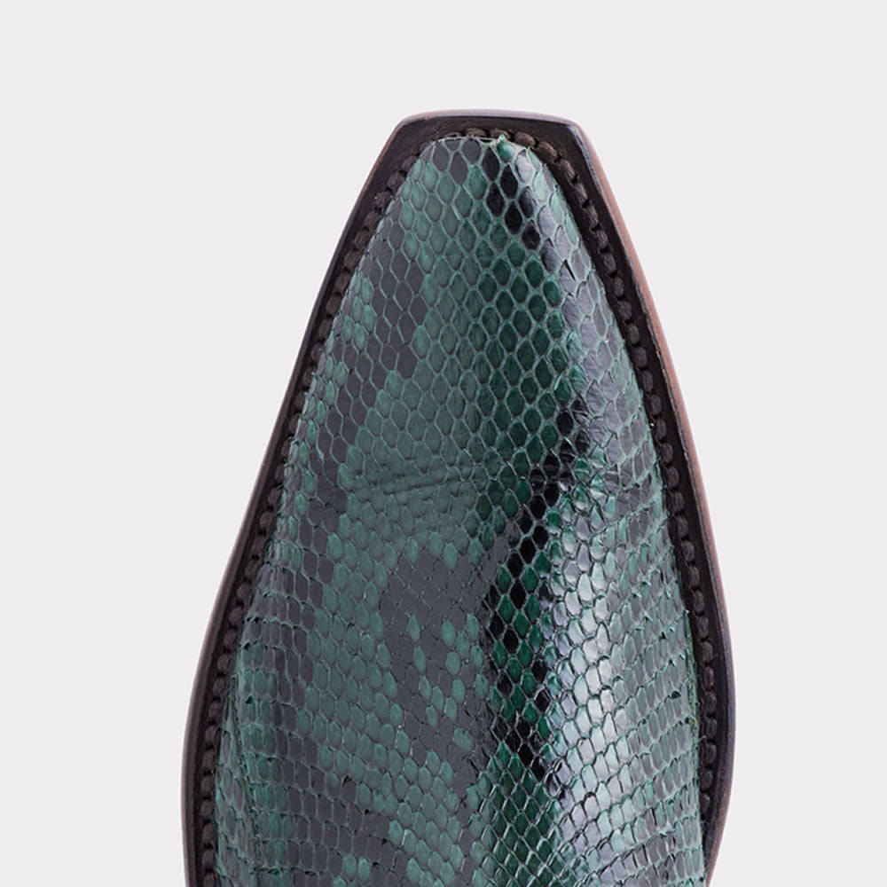 Dark Teal Faux Suede Low Block Heel Snakeskin Snip Toe Western Boots