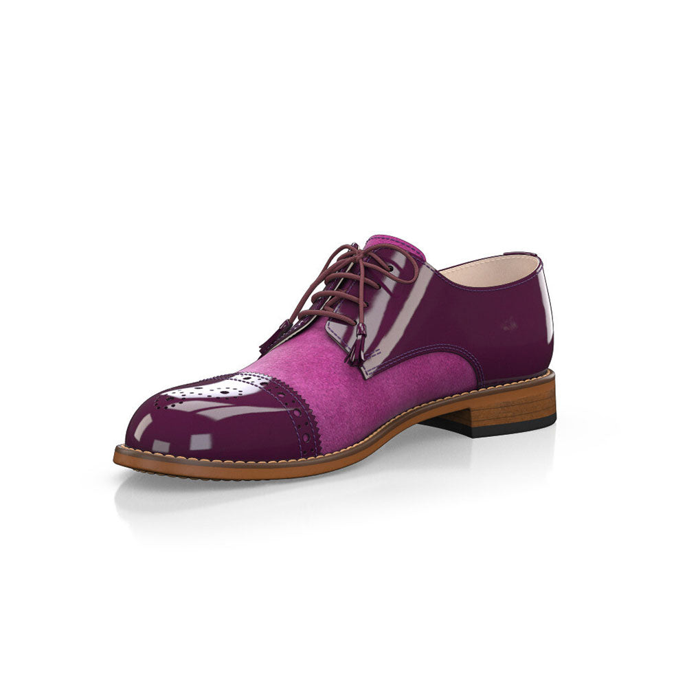 Fuchsia Round Toe Block Heel Splicing Cutout Lace-Up Oxford Shoes
