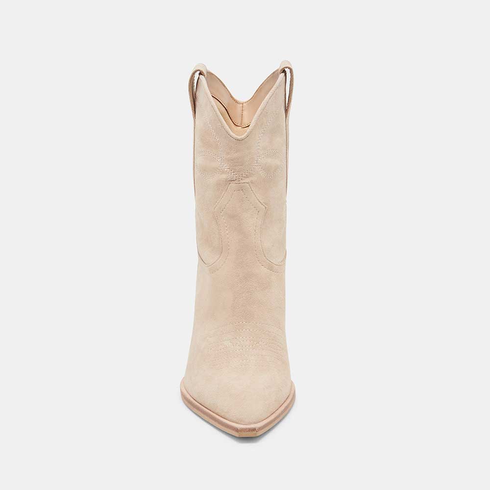 Beige Pointed Toe Kitten Heel Pull Tab Ankle Boots with Stitching