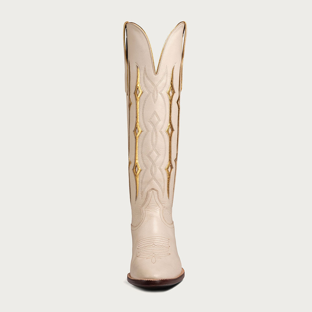 Beige Closed Toe Patchwork Embroidered Western Boots for Women