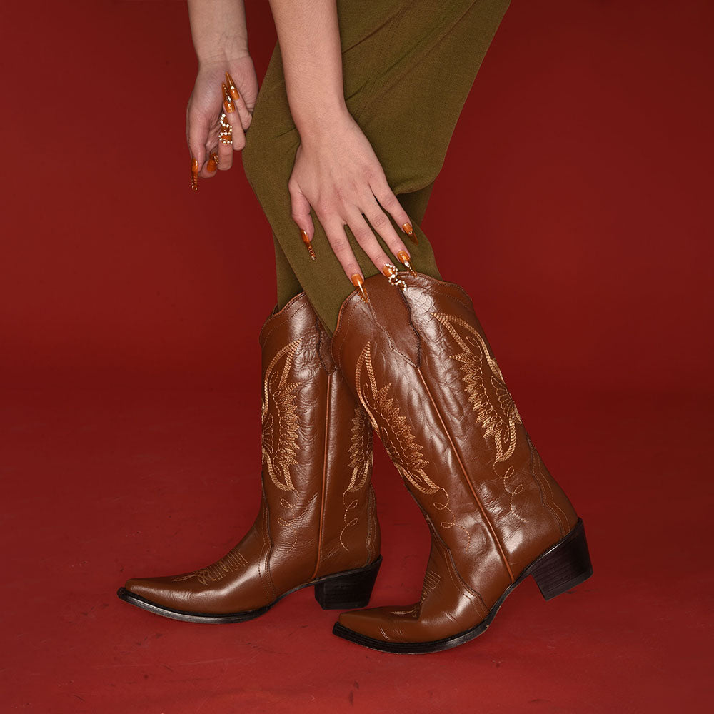 Embroidered Bird Mid-Calf Snip Toe Brown Cowgirl Boots for Women