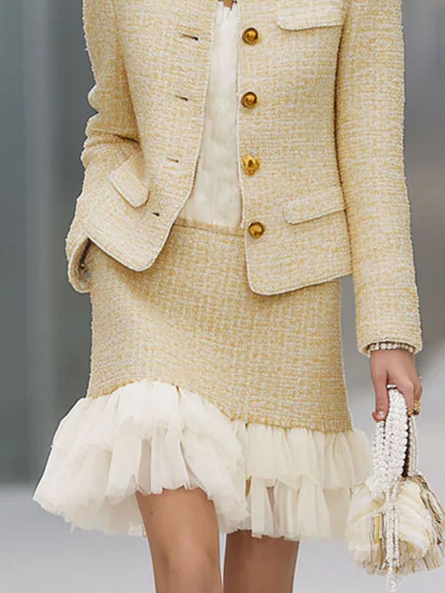 Elegant Textured Fabric Patchwork Organza Jacket And Skirt Set