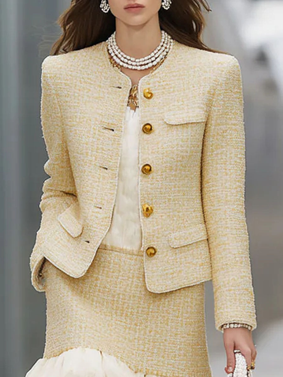 Elegant Textured Fabric Patchwork Organza Jacket And Skirt Set