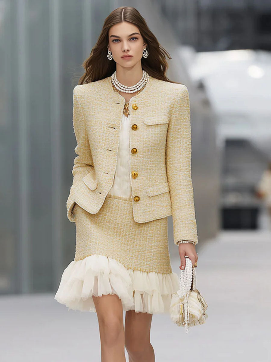 Elegant Textured Fabric Patchwork Organza Jacket And Skirt Set