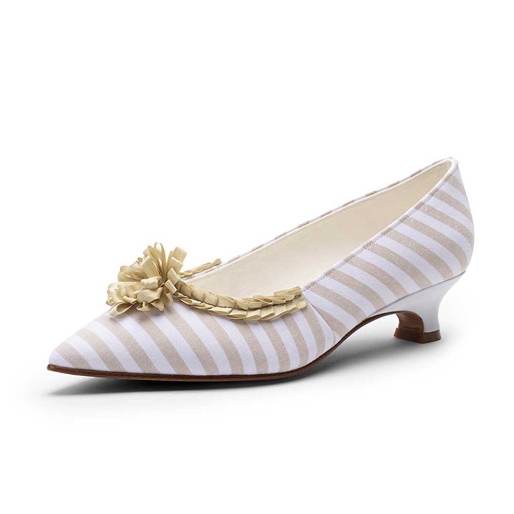 Beige & White Floral Pleated Trim Pumps for Women with Pointed Toe