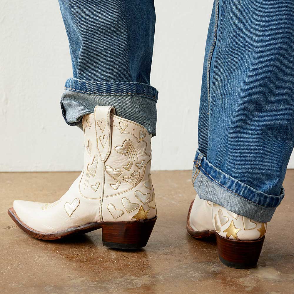 Beige Snip Toe Heart Inlay Ankle Length Cowgirl Boots with Chunky Heel