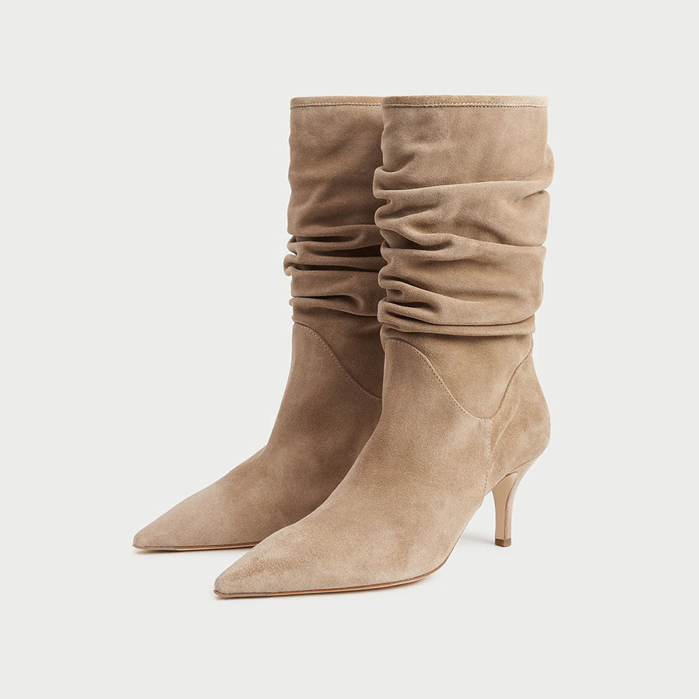 Beige Faux Suede Closed Toe Stiletto Heel Mid-Calf Slouch Boots
