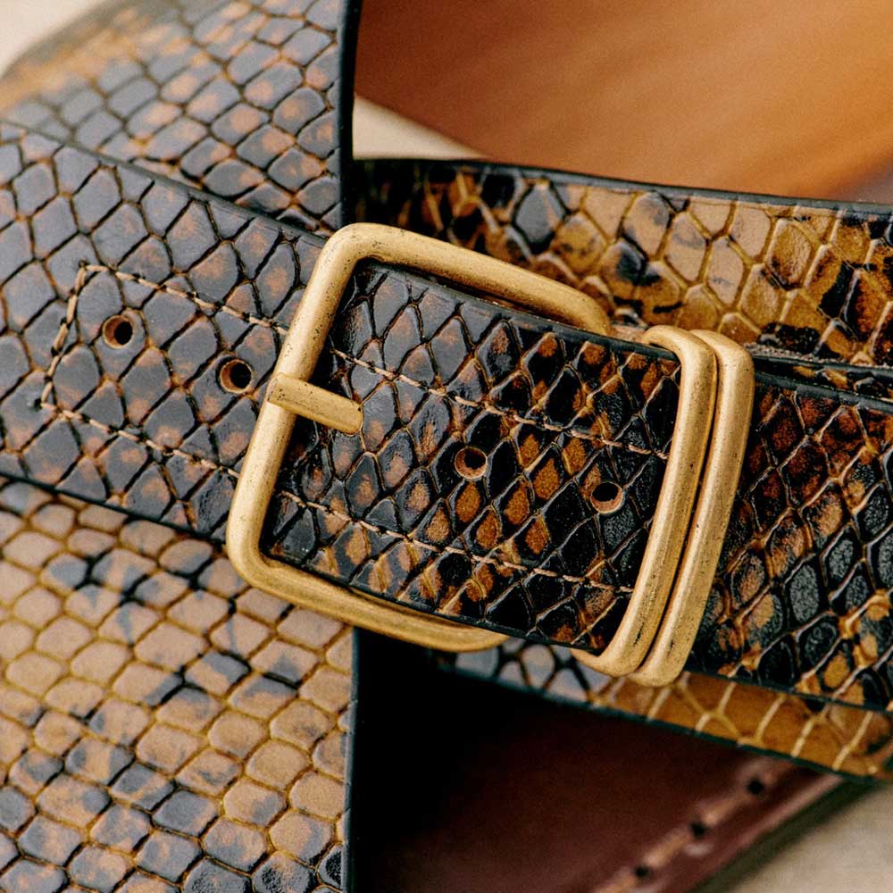Dark Brown Round Toe Flat Python Cross Strap Buckled Slingback Sandals