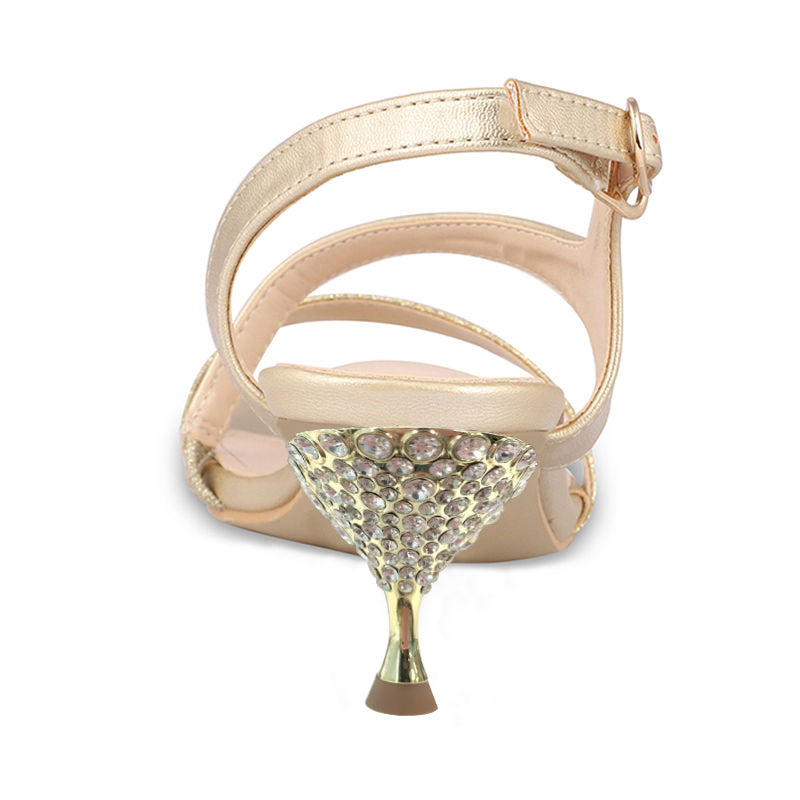 Beige Glitter Open Toe Decorative Heel Sandals with Buckle