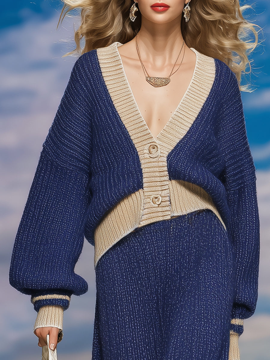 Fashionable And Comfortable V-neck Button Beige Trim Navy Blue Knitted Cardigan Long Skirt Set