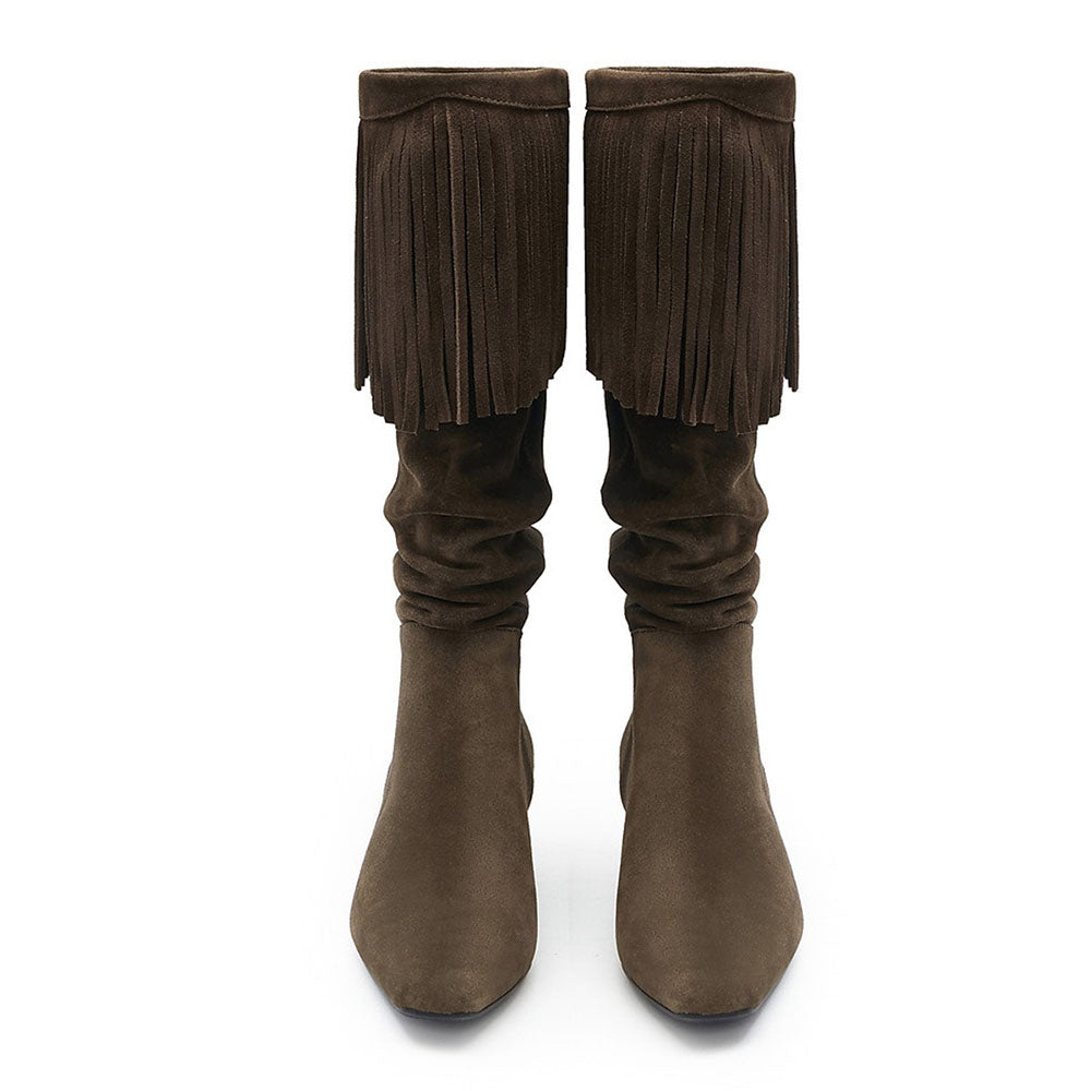 Dark Olive Slip On Mid Calf Block Heel Fringe Square Toe Slouch Boots