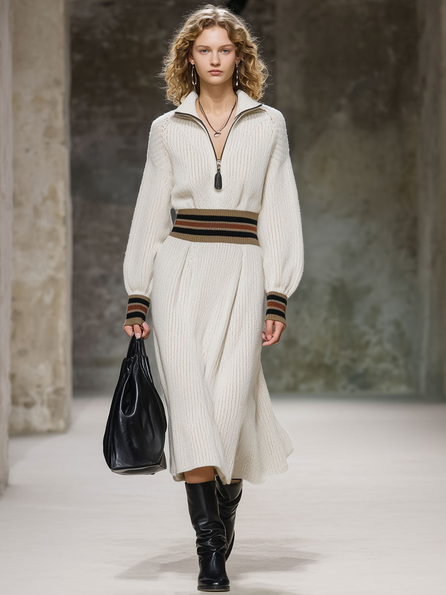 Fashion Loose Retro Striped White Knitted Midi Dress