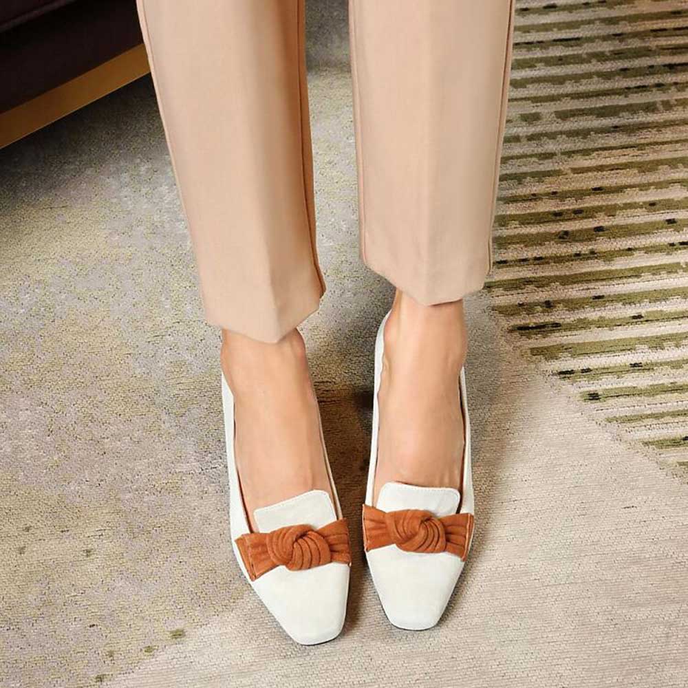 Beige Square Toe 3'' Block Heel Elegant Pumps with Bow