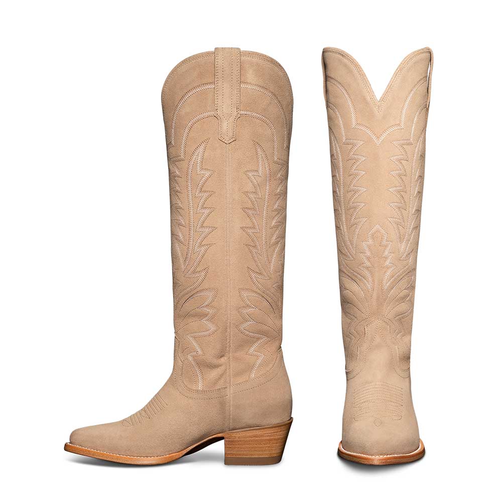 Beige Embroidered Almond Toe Chunky Heel Knee-High Cowgirl Boots