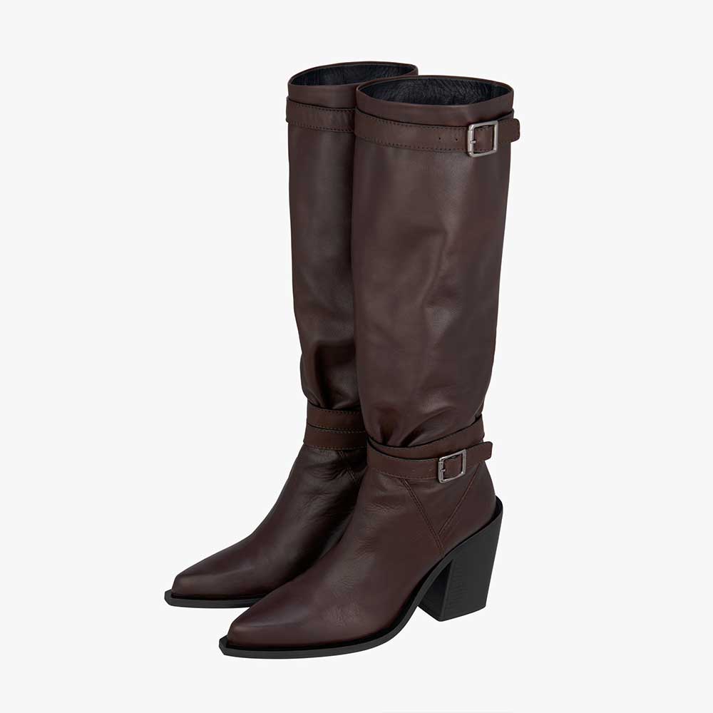 Dark Brown Vegan Leather Pointed Toe 3‘’ Chunky Heel Knee High Boots