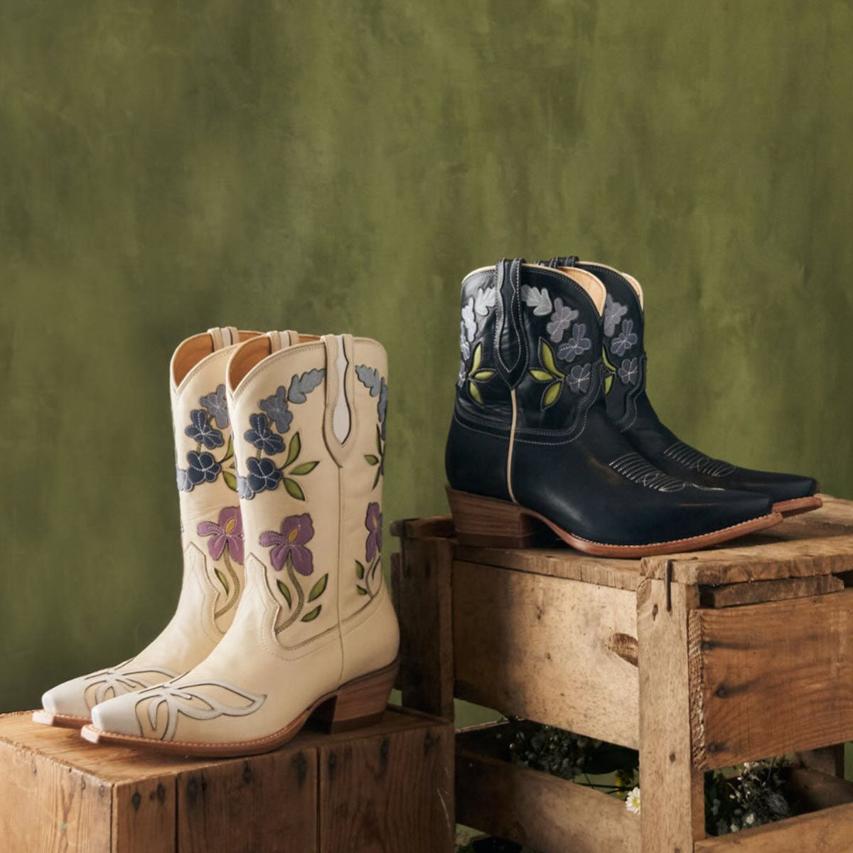 Beige Snip Toe Butterfly & Floral Inlay Mid Calf Cowgirl Boots