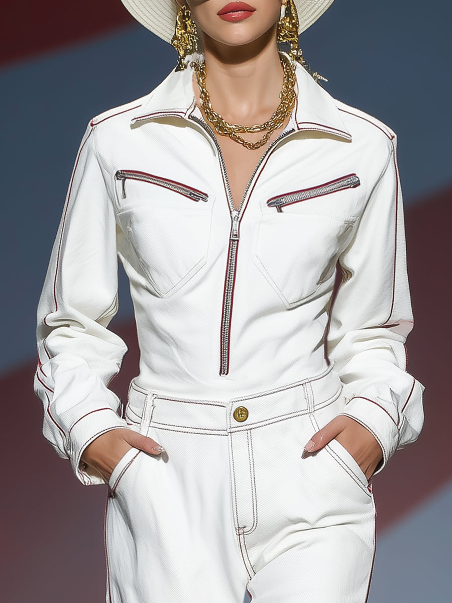 Fashionable Casual Red Trim Zipper Lapel White Trousers Set