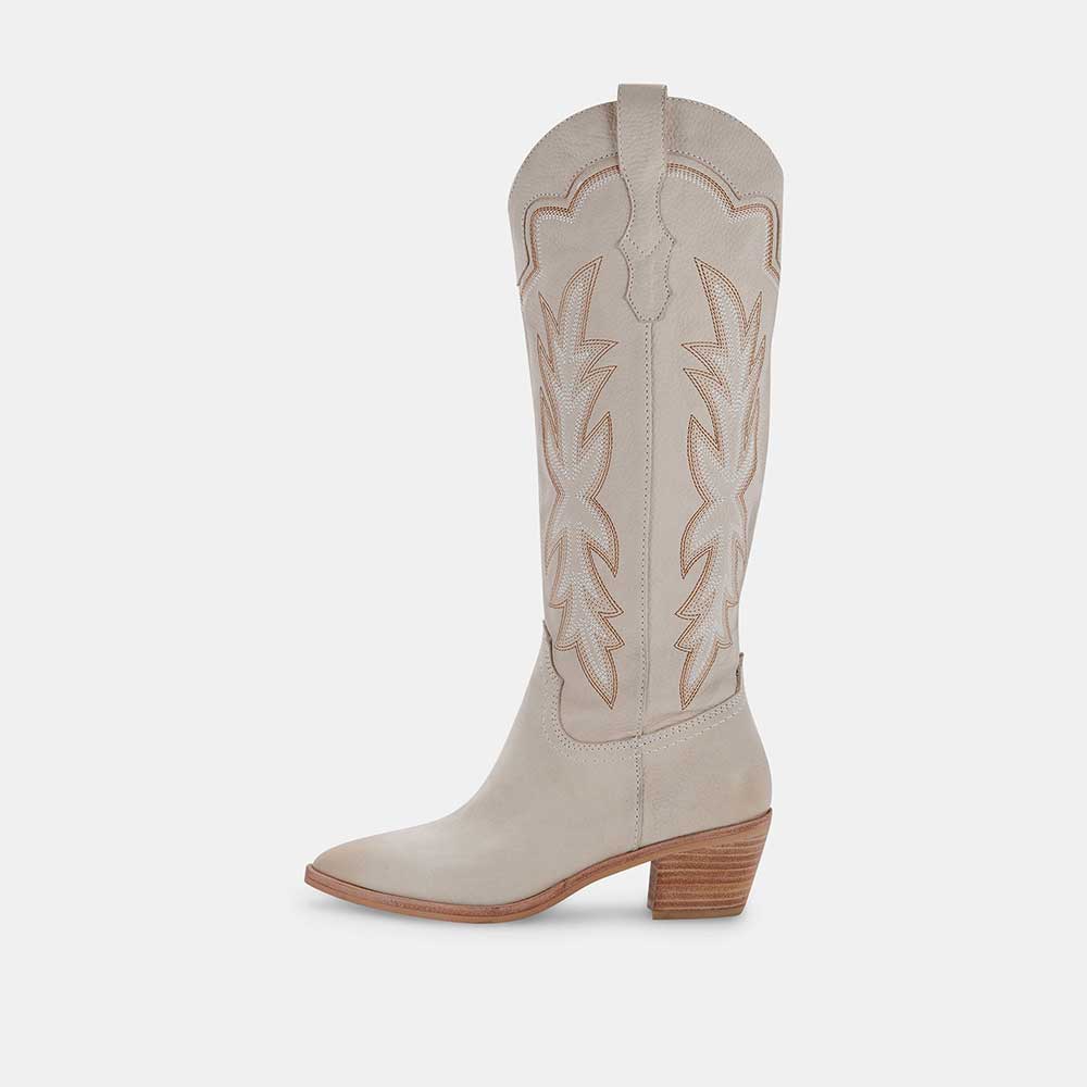 Beige Pointed Toe Chunky Heel Embroidered Knee High Cowgirl Boots
