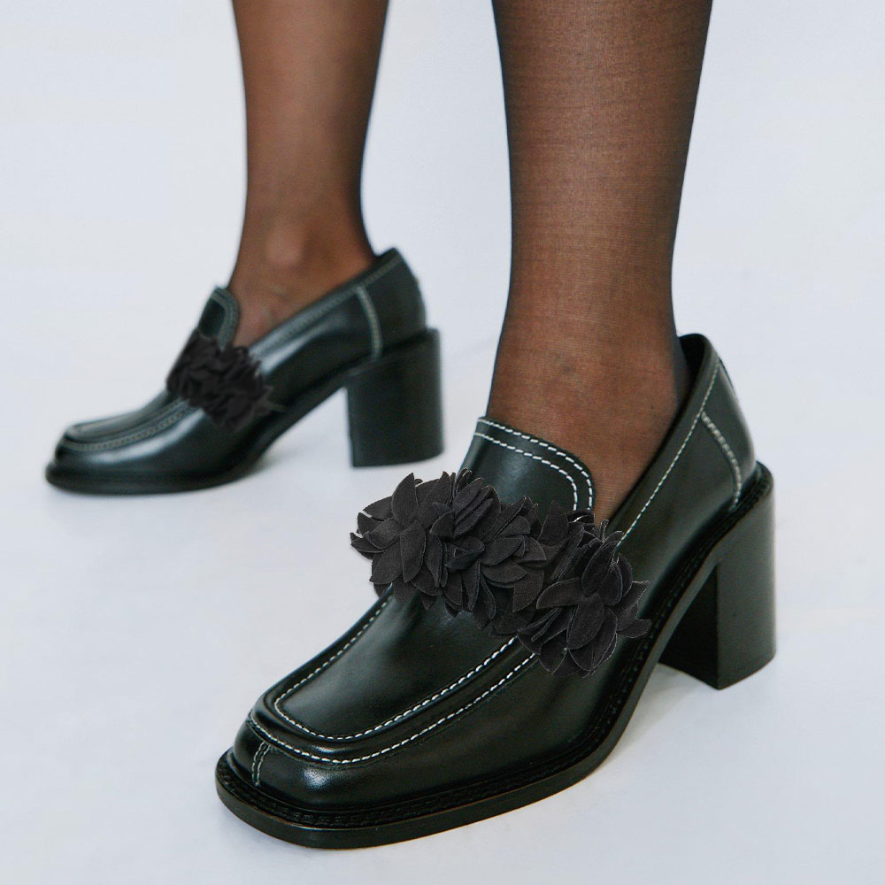 Dark Green Square Toe Floral Decor Block Heel Loafer Shoes Women