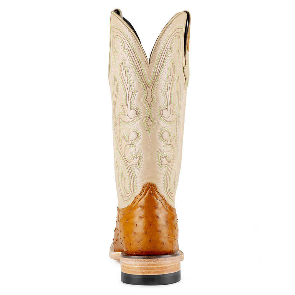 Beige & Tan Ostrich Embossed Mid-Calf Embroidered Cowgirl Boots