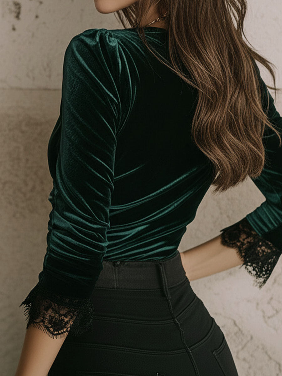 Emerald Green Velvet Lace Trim Ruched Bodice Blouse