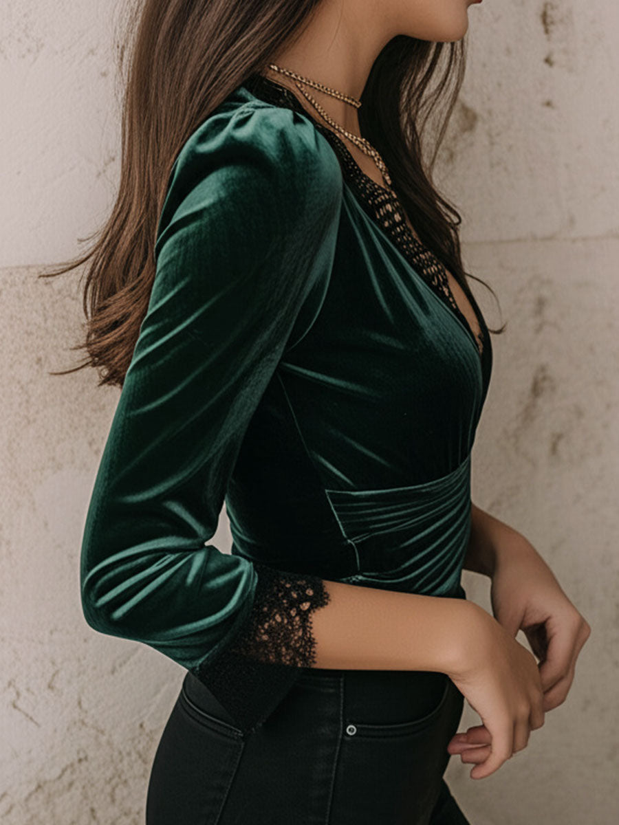 Emerald Green Velvet Lace Trim Ruched Bodice Blouse
