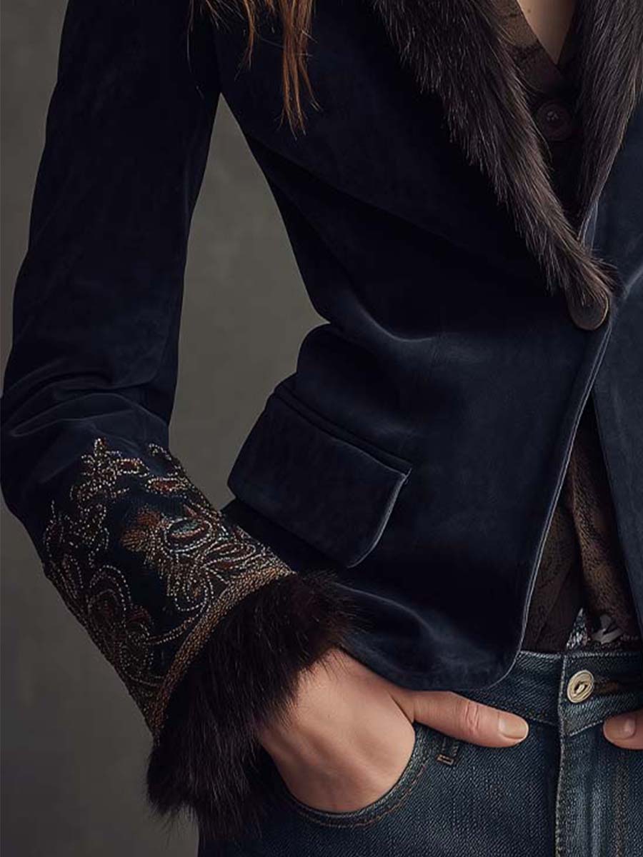 Embroidered Navy Velvet Jacket With Fur Collar And Cuffs